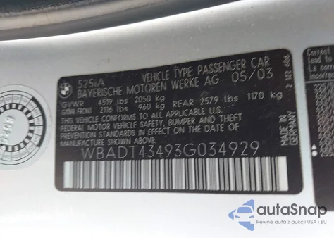 2003 BMW 525Ia z USA, uszkodzony, nr VIN WBADT43493G034929